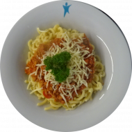 Pastaabend: Gabelspaghetti (81) mit Hackfleischsoße 'Bologneser Art' dazu geriebener Gouda (19)