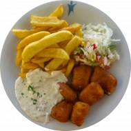 Fish'n Chips mit würziger Remouladensoße (2,9,15,16,19,81) und Salatgarnitur