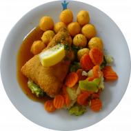 Hähnchenfilet 'Cordon Bleu' mit Zitronenecke (2,8,19,81) und Geflügelrahmjus mit Rosmarin (19,81) dazu feine Gemüsemischung und Pommes Noisette (15,81) 