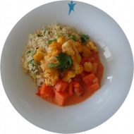 Kleine Portion: Tandooriblumenkohl mit Linsen-Ananas-Curry (1,2,3,18,22) und Basmatireis