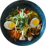 Ramen 'Kawasaki' mit Rindfleischstreifen, Shitake, Champignons, Ei, Koriander und Mie-Nudeln (3,5,15,18,24,81)