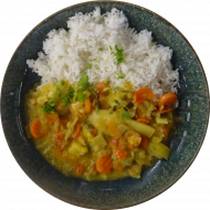 'Navrathan Khani' indisches Gemüsecurry mit Blumenkohl, Möhren und Brokkoli (2,3,18,81) dazu Jasmin-Duftreis
