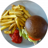 Sie können aus 6 verschiedenen Burgervariationen Wählen. Heutige Tagesempfehlung: Burger 'Vegan Fox' mit Avocado-Quinoa-Patty, Tomaten, Salat, Zwiebeln und Gurke (9,22,81,84) dazu als Menüoption: verschiedene Pommes und House-Dip (9,22)