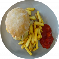 Sie können aus 6 verschiedenen Burgervariationen wählen. Heutige Tagesempfehlung: 'Sweet Chicken ' mit Hähnchenschnitzel, Tomaten, Salat, Zwiebeln und Sweet Chilisoße (1,2,9,18,22,81,83) dazu als Menüoption Pommes und House-Dip (9,22)