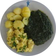 Spinat (81) dazu Rührei mit Kräutern (1,15) und Salzkartoffeln