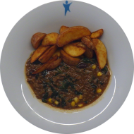 Kleine Portion: Geschmortes Rind Virgin Island mit Kidneybohnen, Mais, Spinat (3,21) dazu Kartoffelspalten