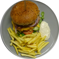 Sie können aus 6 verschiedenen Burgervariationen wählen. Heutige Tagesempfehlung: Burger 'Farmer' mit Rindfleischpatty, Tomate, Feldsalat, Zwiebeln, Gurke und Senf-Meerrettich-Dip (2,3,15,19,22,24,81,83) dazu Menüoption Pommes und House-Dip (9,22)