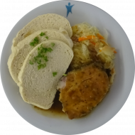 Mutzbraten in Schwarzbier-Kräuter-Soße (1,22) dazu Sauerkraut mit Speck und Hefeknödelscheiben (15,19,81)