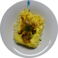 Hausgtemachte Käsespätzle mit Röstzwiebeln und Gouda (15,19,81) 