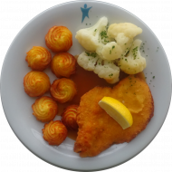 Hähnchenbrustschnitzel (81) mit Zitronenecke oder Broccoli-Medaillons (1) an Geflügelsoße (81) und Blumenkohlgemüse dazu Kroketten (81)