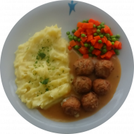 6 schwedische Köttbullar mit Bratensoße (81) und Mischgemüse dazu hausgemachter Kartoffelpüree (19)