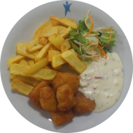 'Fish'n Chips' (8,16,19,81) mit hausgemachter Kräuterremoulade (9,22) und Salatgarnitur 