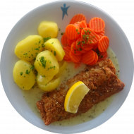 Seelachsfilet in einer feinen Ei-Dillhülle gebacken (15,16,81) an Sauce Choron (8,15,19,64,81) dazu Buttermöhrchen (19) und Petersilienkartoffeln