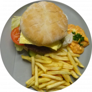 Sie können aus 5 verschiedenen Burgervariationen wählen. Heutige Tagesempfehlung: Burger 'Beef'n Egg' mit saftigem Rindfleisch, Lollo Rosso, Gewürzgurke und Ei (1,2,9,15,22,23,81,83) als Menüoption Pommes und House-Dip (9,22)
