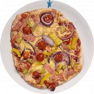 Sie können aus 6 verschiedenen Pizzavariationen wählen. Heutige Tagesempfehlung: Pizza 'Las Vegan' mit veganer Salami, milder Peperoni und Reiberei (1,81)