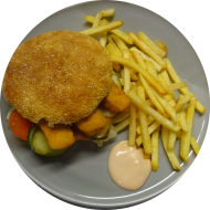 Sie können aus 5 verschiedenen Burgervariationen wählen. Heutige Tagesempfehlung: Burger mit panierten Fischfilet, Remoulade, Gewürzgurke und roter Zwiebel (1,2,9,15,16,19,56,81,82) dazu als Menüoption verschiedene Pommes und House-Dip (9,22)