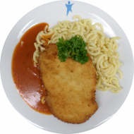 Hähnchenbrust 'Piccata' mit Parmesanpanade (19,81) und Tomatensoße (81) dazu Gabelspaghetti (81)