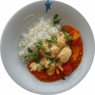 Kleine Portion: Tandooriblumenkohl mit Linsen-Ananas-Curry (1,2,3,18,22) dazu Jasmin-Duftreis