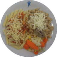 Pastabar (81) mit fruchtiger Tomatensoße mit Rosmarin und Knoblauch (49,81) oder Champignon-Senf-Soße (19,22,81) und geriebenem Gouda (19) oder Reiberei (1) dazu buntes Gemüse