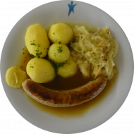 Roster mit Senf (3,22) an Bratensoße (81) und Sauerkraut mit Speck und Petersilienkartoffeln