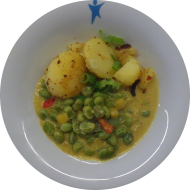 Kleine Portion: Steckrüben-Bohnen-Paprika-Curry mit geschwenkten Chilikartoffeln (18)