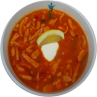 Soljanka mit Jagdwurst, Paprika, saurer Sahne und Zitrone (2,3,8,9,19,22,81) dazu ein Weizenbrötchen (81)