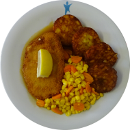 Schweineschnitzel 'Cordon Bleu' mit Zitronenecke (2,3,19,81) und Bratenjus (81) dazu Möhren-Mais-Gemüse und Röstitaler