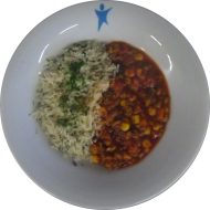 Kleine Portion: 'Chili sin Carne' mit Sonnenblumenhack, Kidneybohnen, Paprika und Mais (49) dazu Kräuterreis