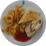 Wrap 'Sweet-Chili' mit Green Hero Plant Nuggets, Tomate, Gurke und Sweet-Chili-Sauce (9,18,81) dazu Twister Pommes (81)