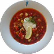 Fischsoljanka 'Usedomer Art' mit Seelachs, Paprika, Kartoffeln, saurer Sahne, Dill und Zitrone (16,19)
