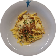 Kleine Portion: Badische Käsespätzle mit Röstzwiebeln und Käse gratiniert (1,15,19,81)