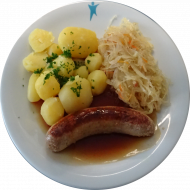 Gebratene Roster mit Senf, Bratensoße (3,22,81) und Sauerkraut dazu Petersilienkartoffeln