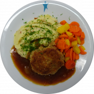 Zwickauer Beefsteak mit Schmorzwiebeln (15,22,49,81) dazu Kartoffelbrei mit Röstzwiebeln (3,19,81) und gebutterte Fingermöhrchen (19)