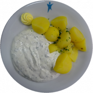 Kräuterquark mit Butter, Zwiebeln und Kümmel (19) dazu Salzkartoffeln