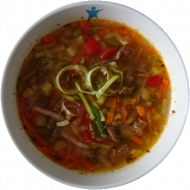 'Minestrone' italienische Gemüsesuppe mit Reisnudeln, buntem Gemüse und Kartoffeln (3,21,81) dazu Roggenmischbrot (81,82). Auch als kleine Portion erhältlich.