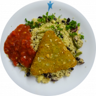 Brokkoli-Nuss-Ecke (71,72,81,84) und Salsadip (9) dazu Bohnen-Quinoa-Couscous (49,81)