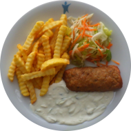 Hirtenrolle mit Frischkäse gefüllt (15,18,19,49,81) an hausgemachtem Zaziki (19,49) dazu Pommes frites und kleiner Weißkraut-Paprikasalat