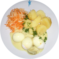 Eier in Senfsoße (9,15,19,22) dazu Petersilienkartoffeln und Salat