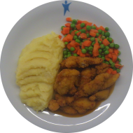 Chicken Nuggets (3,81) mit Geflügelsoße (81) dazu Mischgemüse und hausgemachter Kartoffelstampf (84)