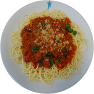 Spaghetti (81) mit 'Sauce Napoli' (81) oder mit Gorgonzola-Kräutersoße (19,24,27) dazu geriebenen Gouda (19) oder Reiberei (1)