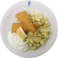 Gebackenes Seelachsfilet (19,22,81) mit Remouladensoße (9,15,19,81)und hausgemachter Kartoffelsalat nach 'Fränkischer Art' (2,3,9,22)