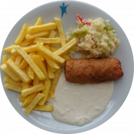 Hirtenrolle mit Frischkäsefüllung (15,18,19,49,81) mit Aioli-Dip (15,19,49,81) dazu Pommes frites und Salatgarnitur
