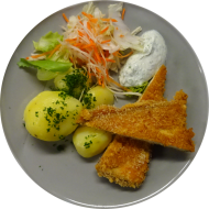 Schnitzelabend: Tofu im Pankomantel ausgebacken (18,62,81) an Bratensoße (81) dazu Schwenkkartoffeln und Salatgarnitur