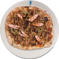 Sie können aus 6 verschiedenen Pizzavariationen wählen. Heutige Tagesempfehlung: Pizza 'Hot Dog' mit Würstchen, Gewürzgurke und Röstzwiebeln (1,2,3,8,9,21,22,46,81)