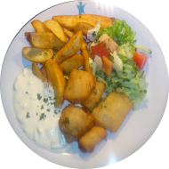Fish 'n' Chips mit würziger Remouladesoße (8,9,15,16,19,81) und Salatgarnitur