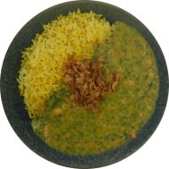 Kichererbsencurry mit Spinat, Möhren und Röstzwiebeln (18,81) dazu Petersilienreis // auch Glutenfrei möglich