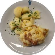 Überbackener Blumenkohl mit Hollandaise und Käse on Top Brösel (8,15,19,81) dazu Petersilienkartoffeln