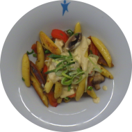 Schupfnudelpfanne mit Gemüse und cremiger Obazdasoße (15,19,81)