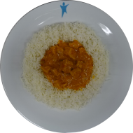 Indisches Butter Chicken mit Knoblauch, Joghurt, Zimt, Honig und Garam Masala (19,48,49,81) dazu Basmatireis