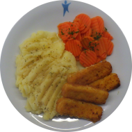Fischstäbchen gebacken (16,81) an zerlassener Butter (19) dazu Möhrengemüse und hausgemachtes Kartoffelpüree (19)